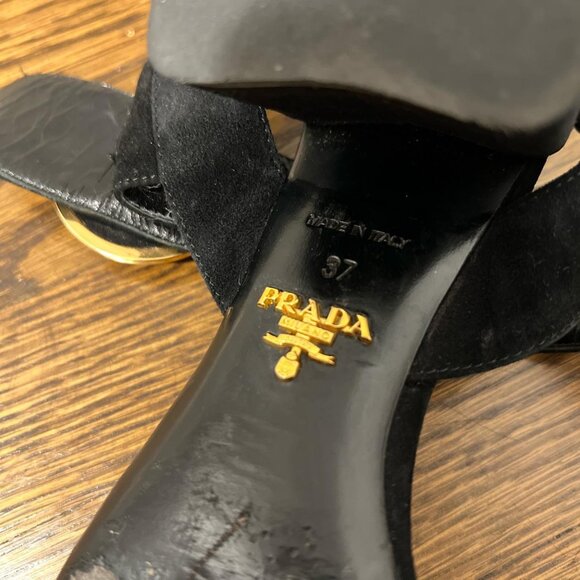 Prada Suede Heeled Sandals with Button Buckle - Picture 5 of 8